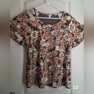 Cato Floral Women's Top Brown and Cream Bell Short Sleeve Boho Fall Casual Offic